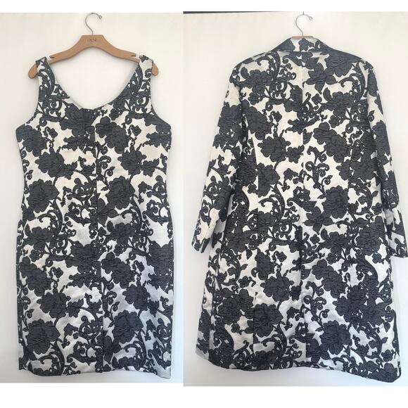 Albert Nipon Size 16 Sheath Dress Jacket Suit Set Black Floral on Silvery White - Picture 2 of 16